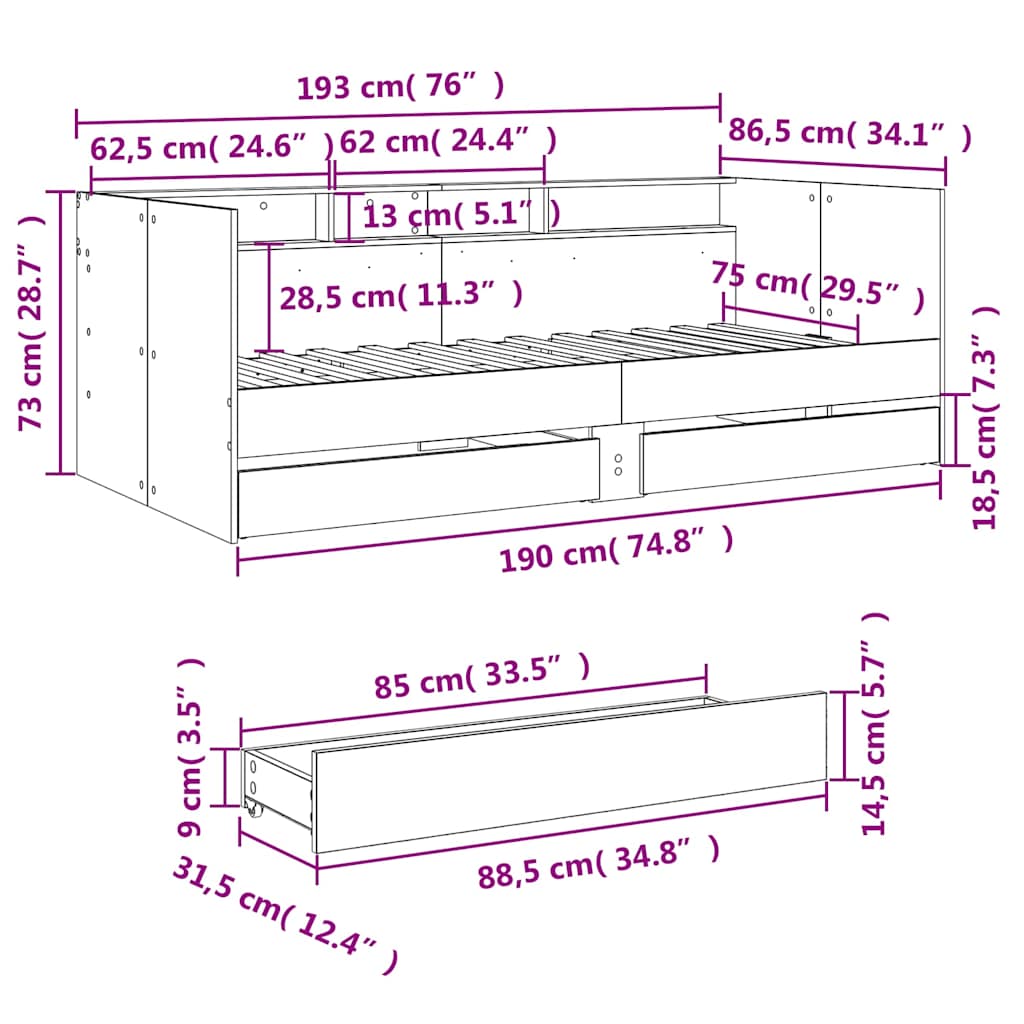 Lit de jour avec tiroirs sans matelas sonoma gris 75x190 cm - XIOS