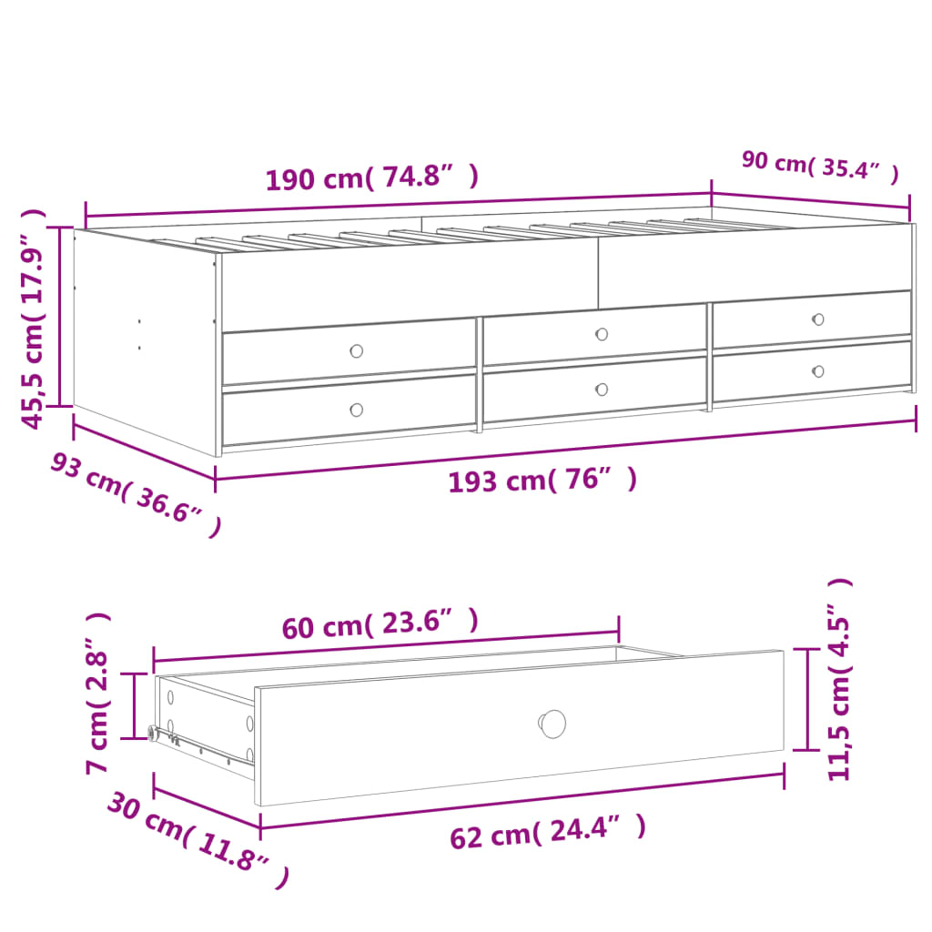 Lit de jour avec tiroirs sans matelas sonoma gris 90x190 cm - XIOS