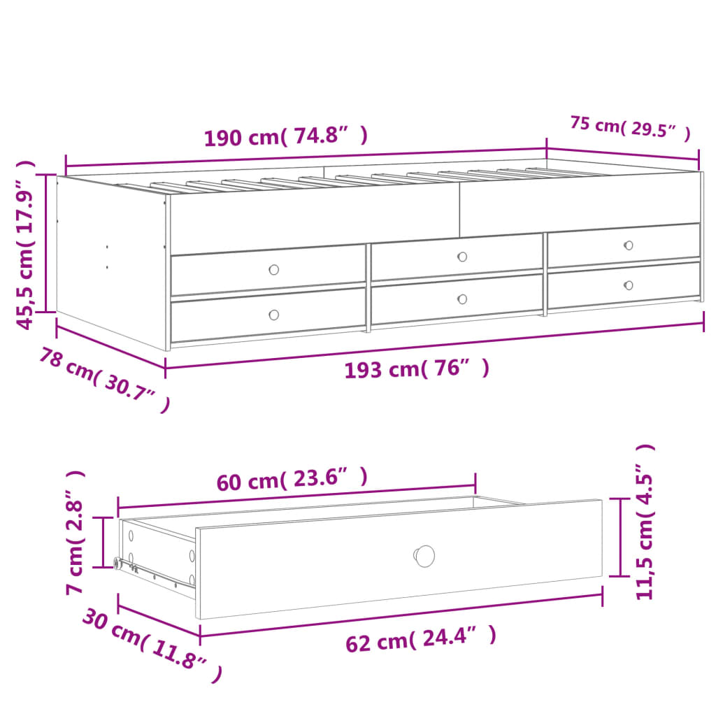 Lit de jour avec tiroirs sans matelas chêne marron 75x190 cm - XIOS