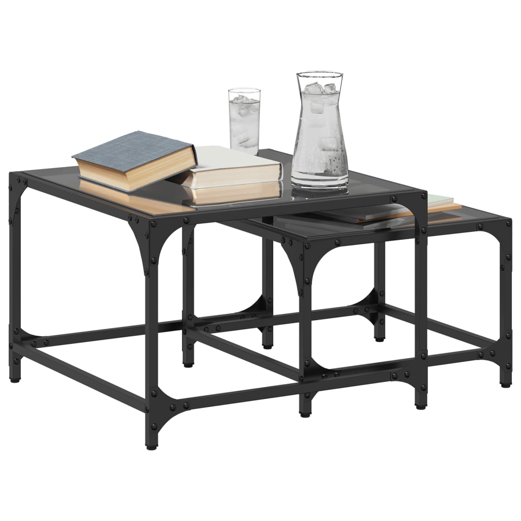 Tables basses gigognes 2 pcs dessus en verre noir acier - XIOS
