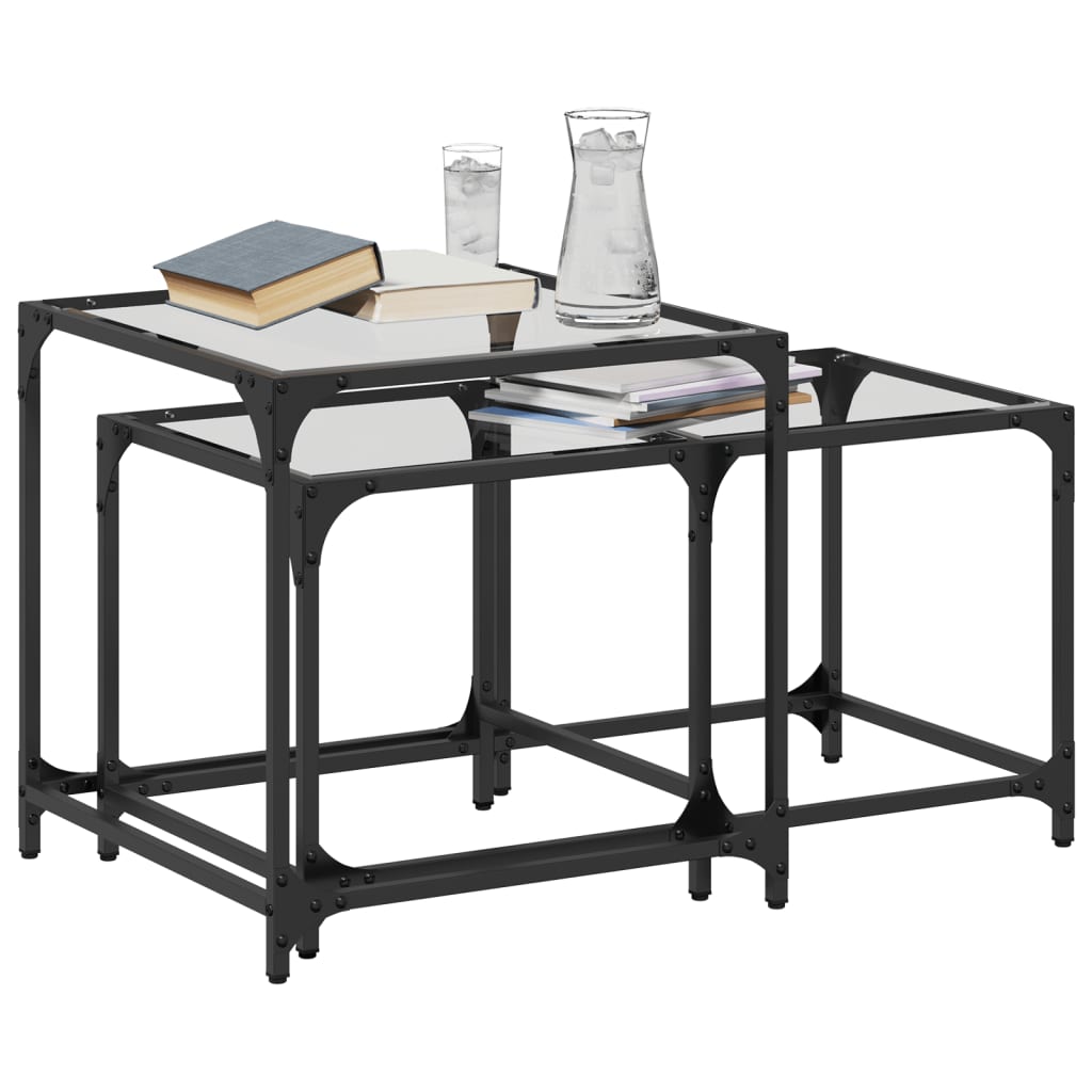 Tables basses gigognes 2 pcs dessus en verre transparent acier - XIOS