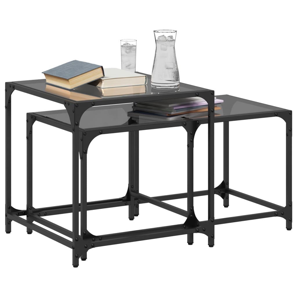 Tables basses gigognes 2 pcs dessus en verre noir acier - XIOS