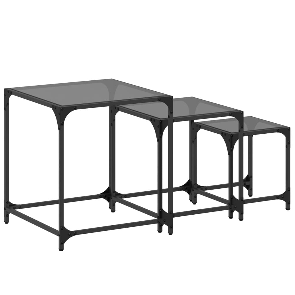 Tables basses gigognes 3 pcs dessus en verre noir acier - XIOS