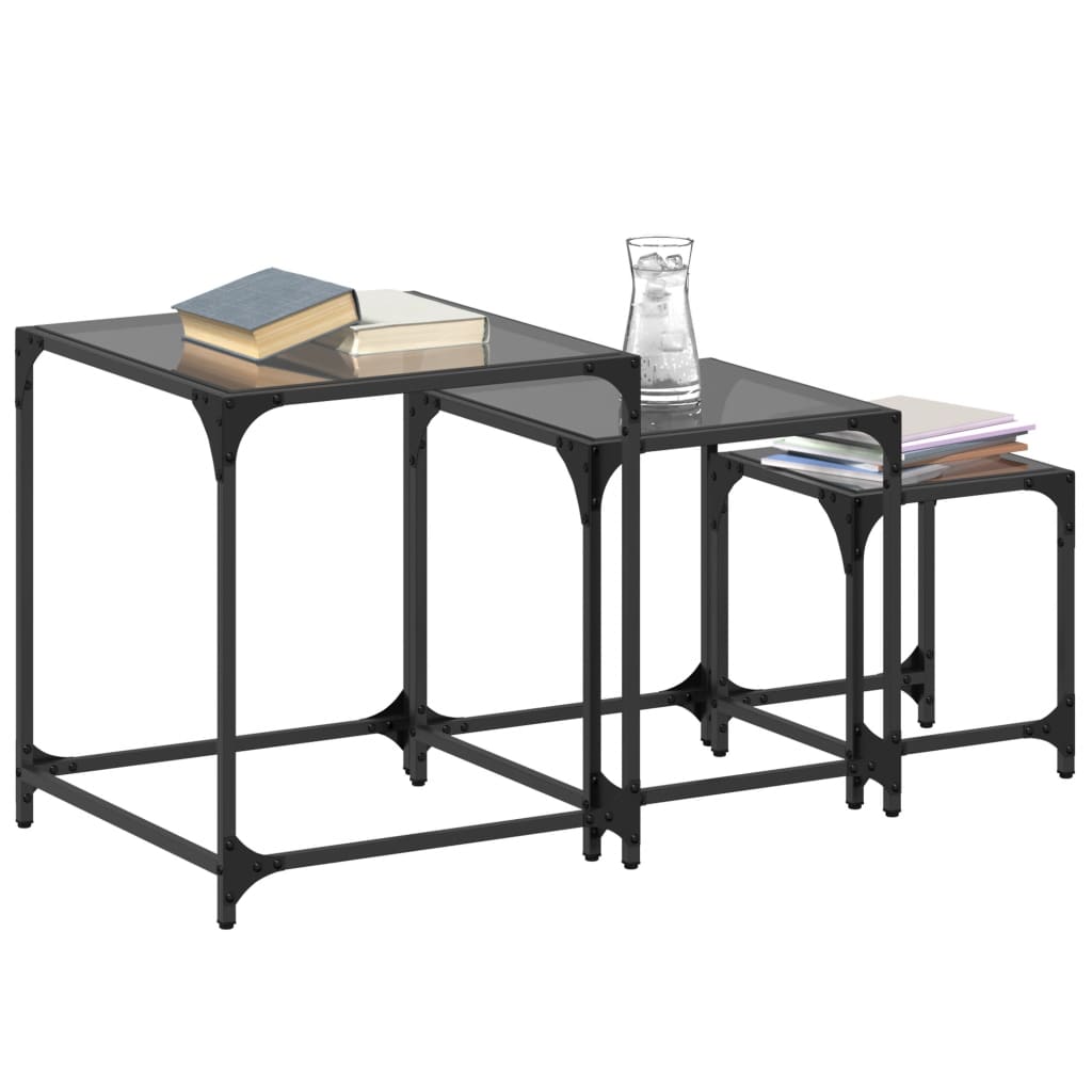 Tables basses gigognes 3 pcs dessus en verre noir acier - XIOS