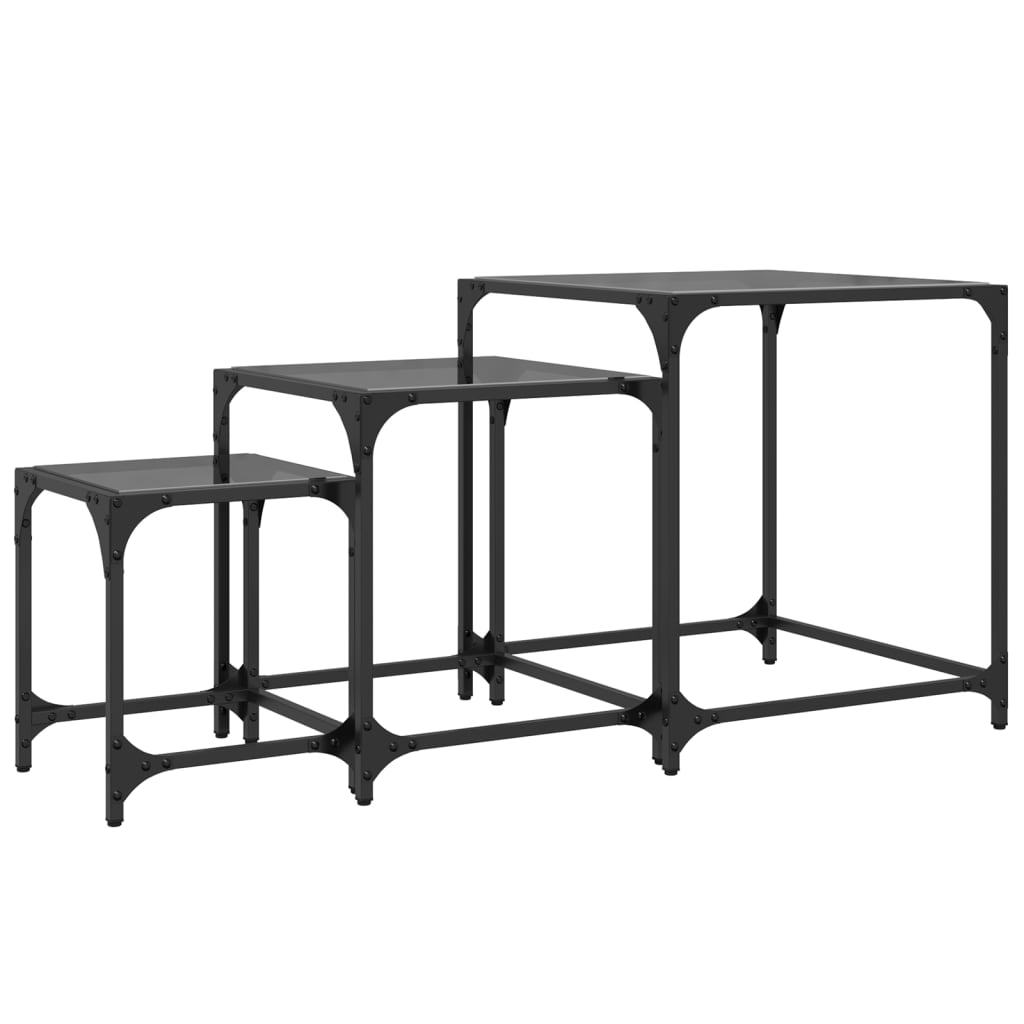 Tables basses gigognes 3 pcs dessus en verre noir acier - XIOS
