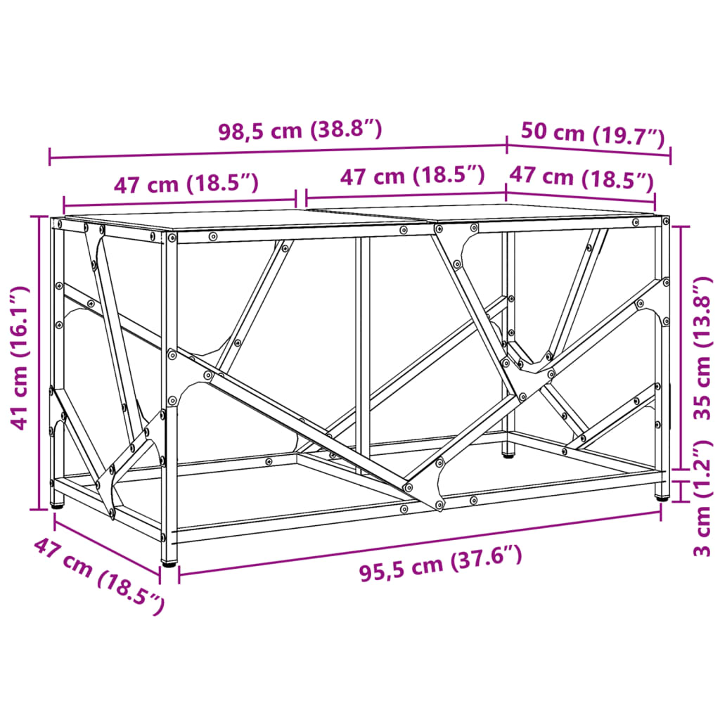 Table basse avec dessus en verre transparent 98,5x50x41cm acier - XIOS