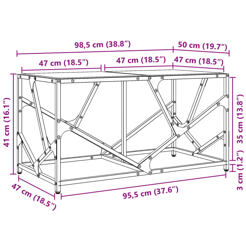 Table basse avec dessus en verre noir 98,5x50x41 cm acier - XIOS