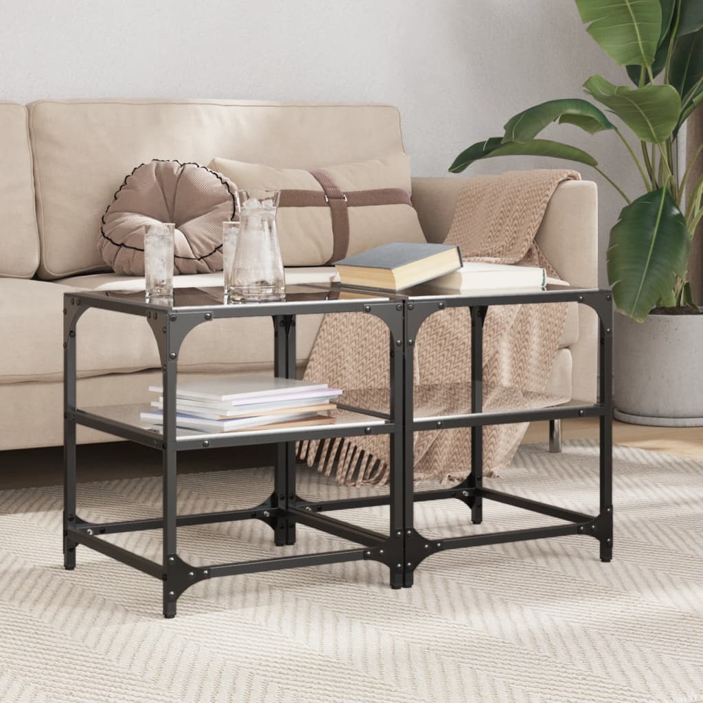Tables basses avec dessus en verre noir 2 pcs 40x40x45 cm acier - XIOS