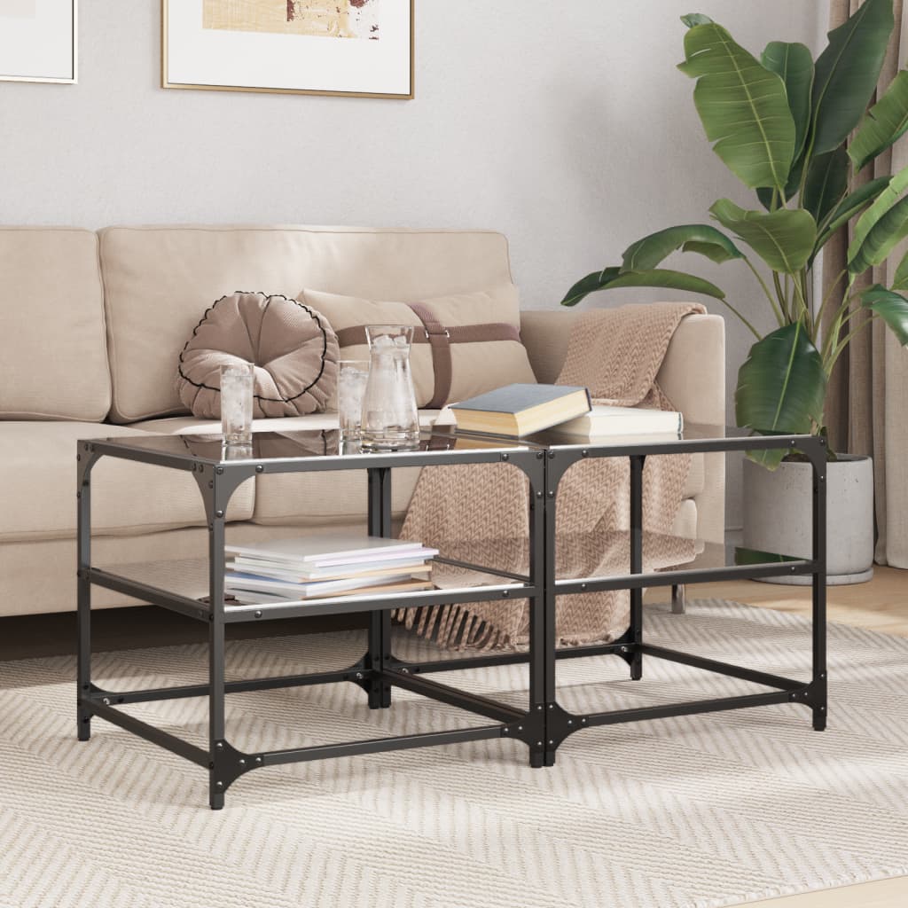 Tables basses avec dessus en verre noir 2 pcs 50x50x45 cm acier - XIOS