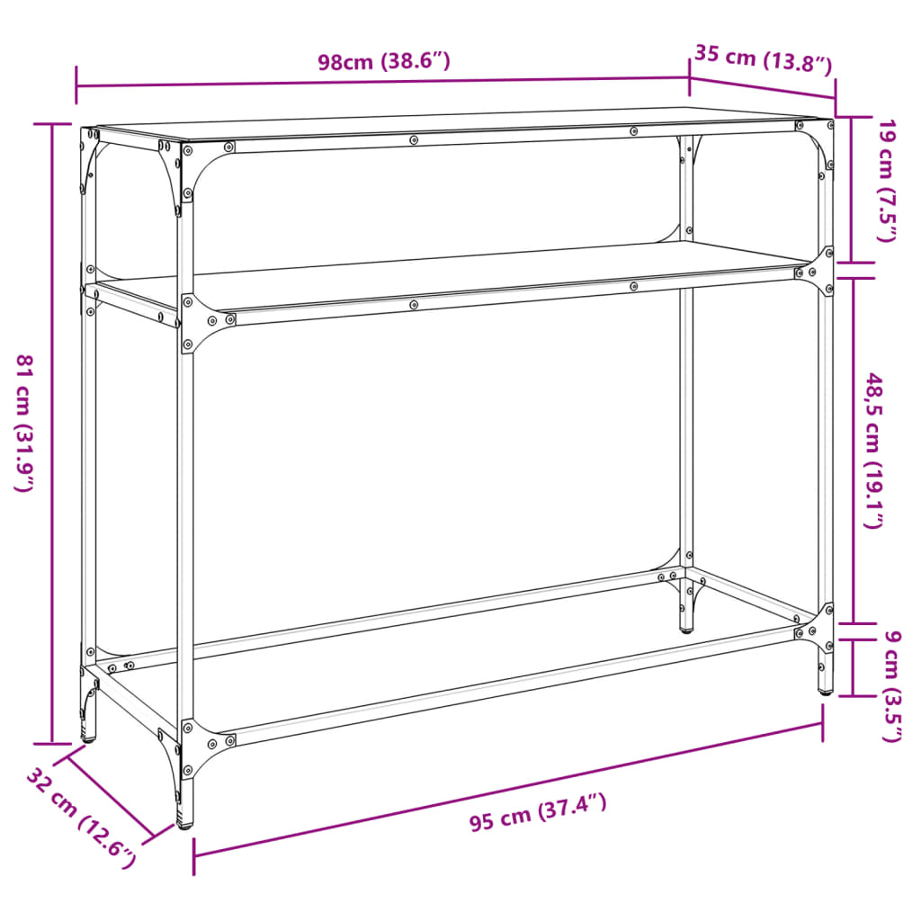 Table console avec dessus en verre transparent 98x35x81cm acier - XIOS