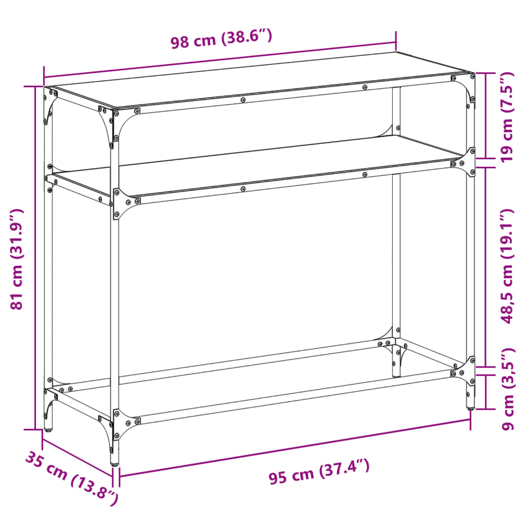 Table console avec dessus en verre noir 98x35x81 cm acier - XIOS