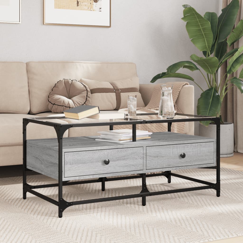 Table basse avec dessus en verre sonoma gris 98,5x50x45cm acier - XIOS