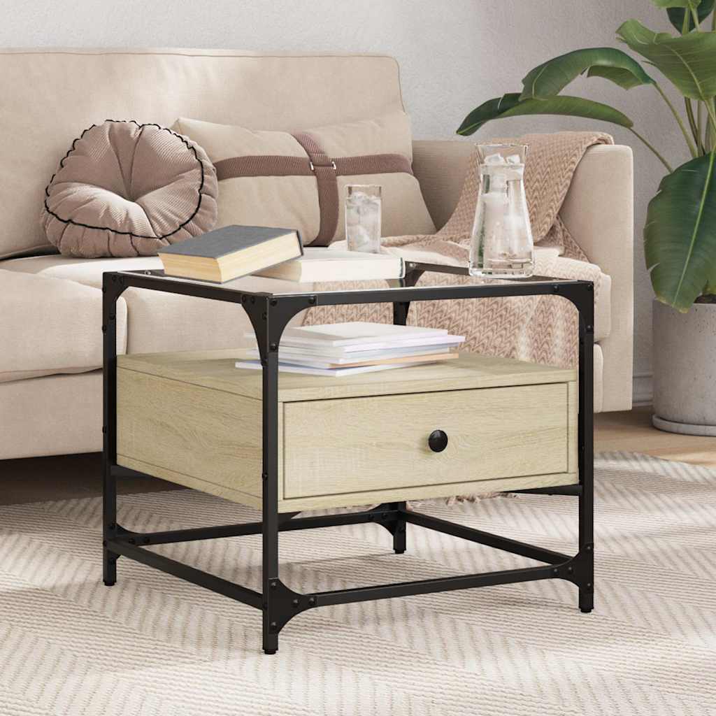 Table basse et dessus en verre chêne sonoma 50x50x45 cm acier - XIOS
