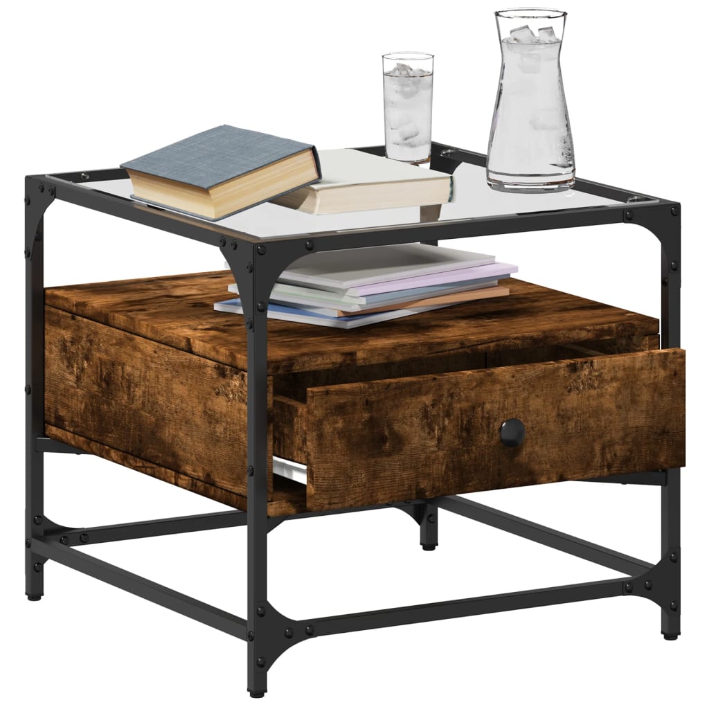 Table basse avec dessus en verre chêne fumé 50x50x45 cm acier - XIOS