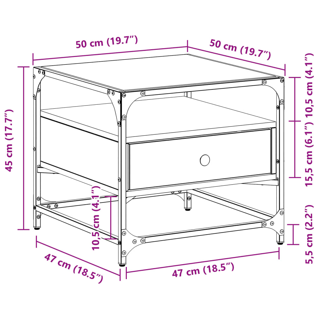 Table basse avec dessus en verre chêne fumé 50x50x45 cm acier - XIOS