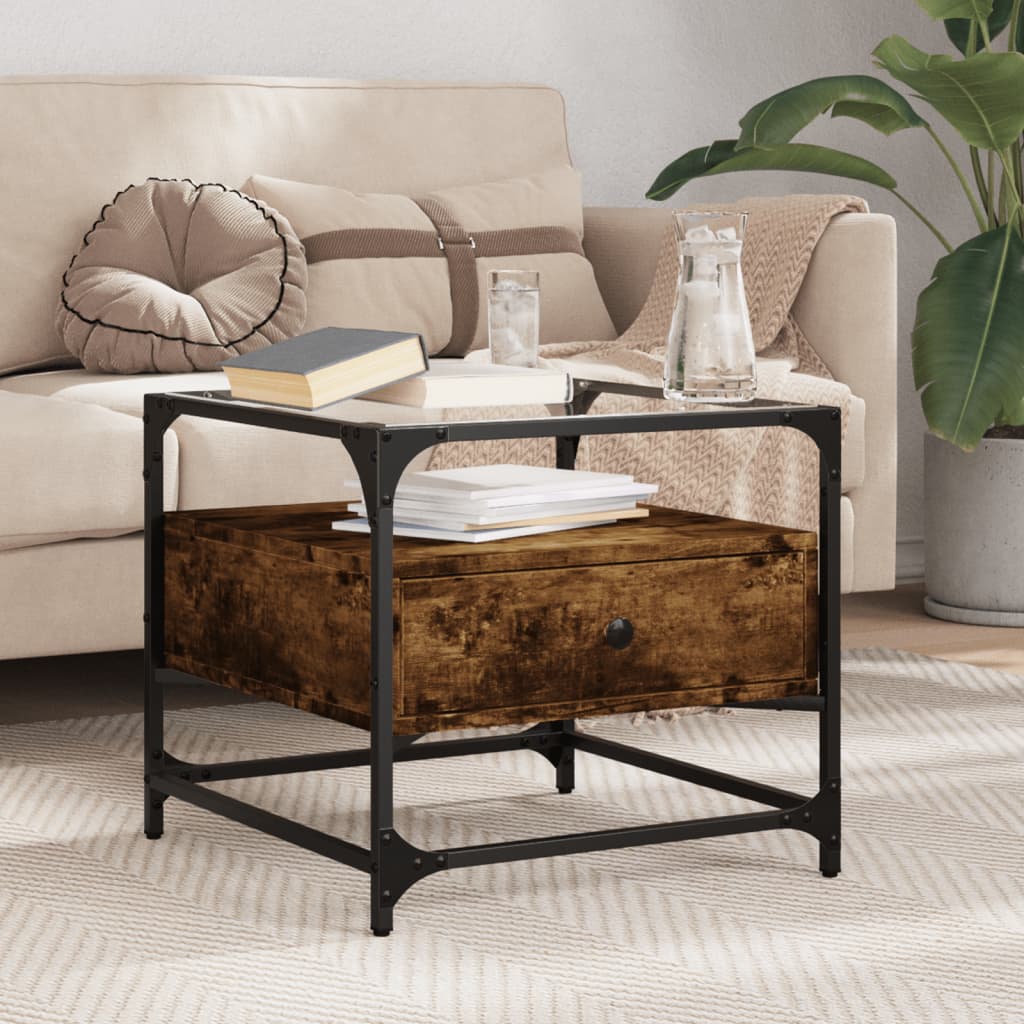 Table basse avec dessus en verre chêne fumé 50x50x45 cm acier - XIOS