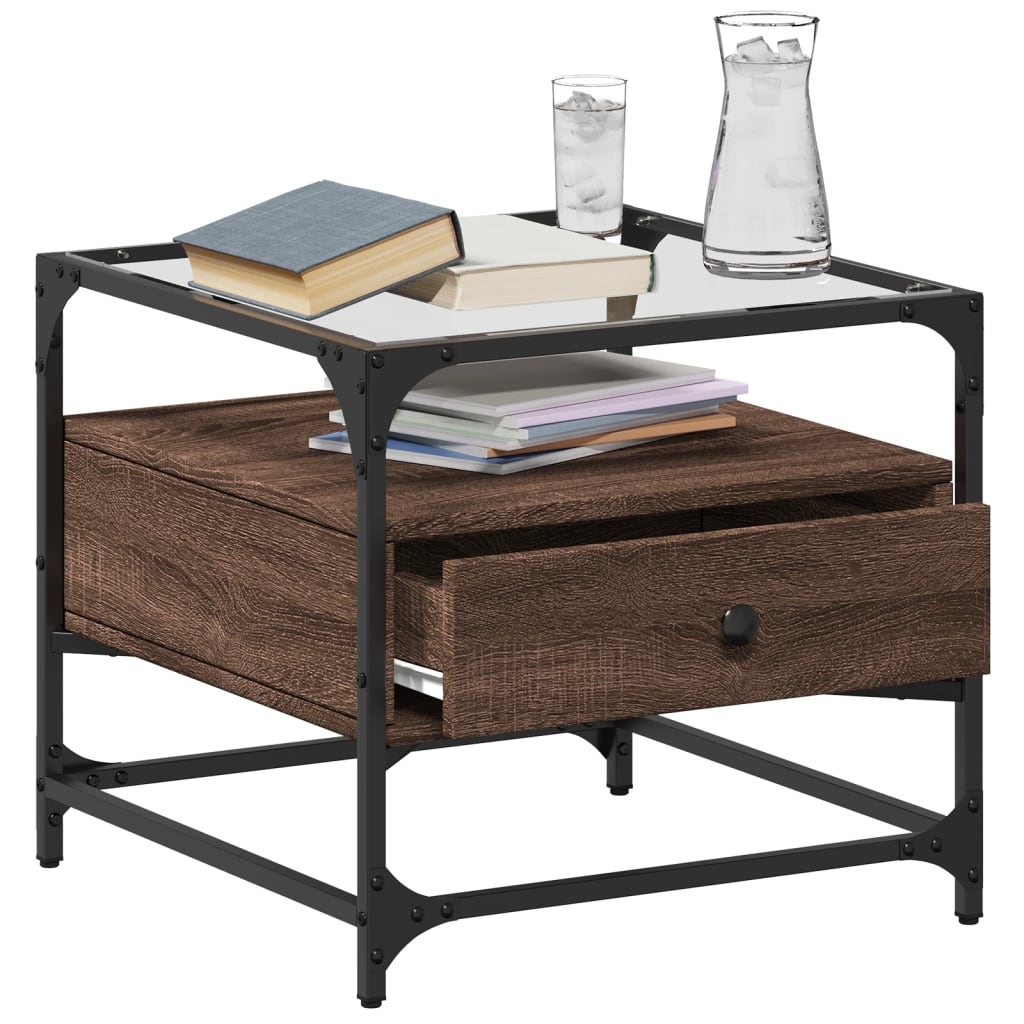 Table basse et dessus en verre chêne marron 50x50x45 cm acier - XIOS