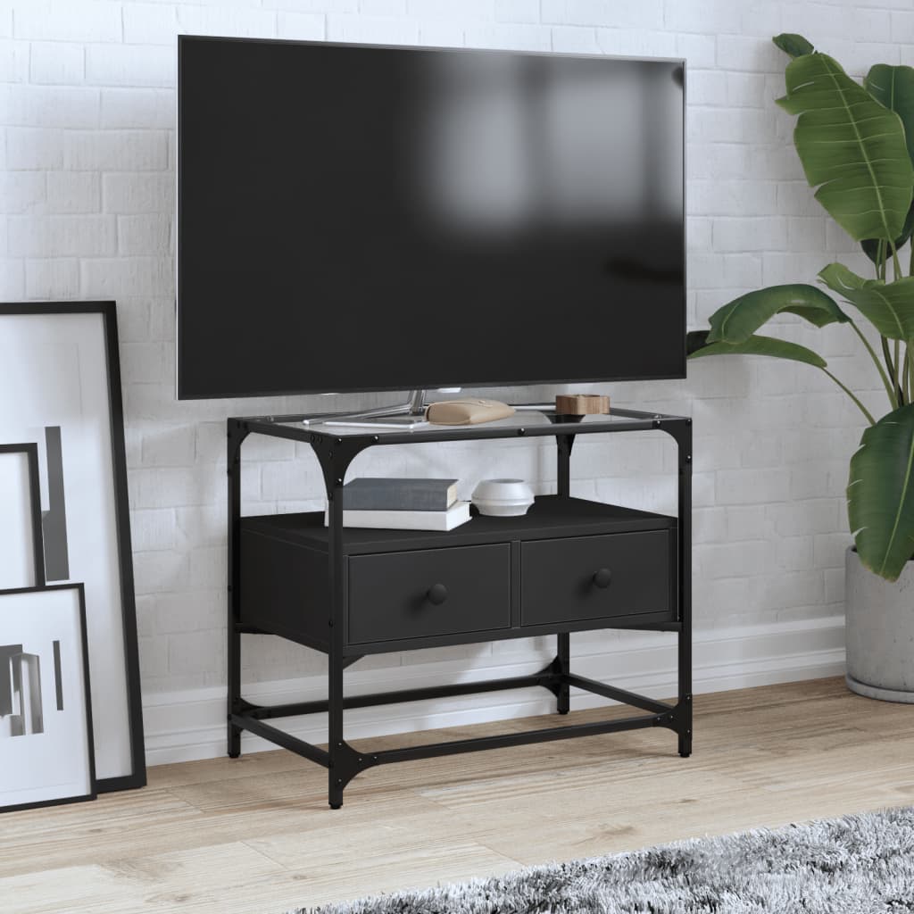 Meuble TV et dessus en verre noir 60x35x51 cm bois d'ingénierie - XIOS