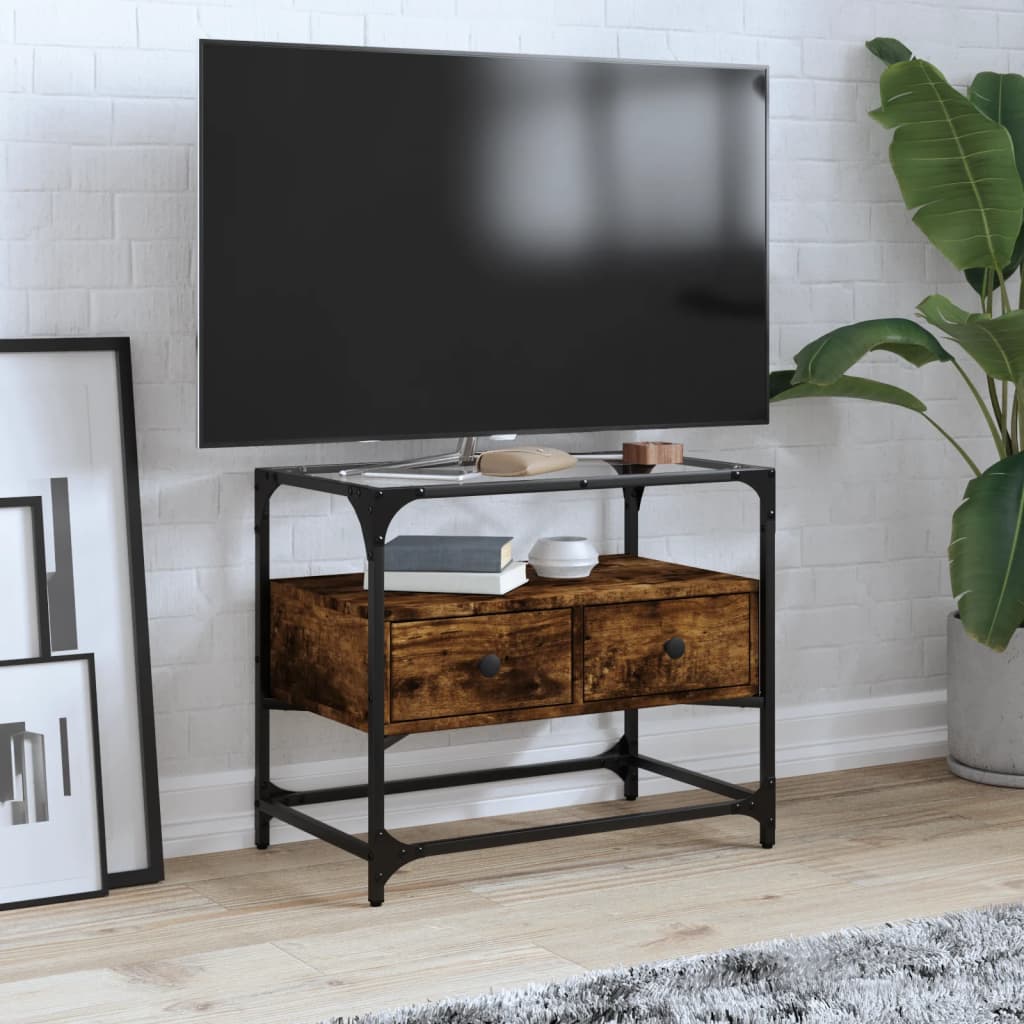 Meuble TV avec dessus en verre chêne fumé bois d'ingénierie - XIOS