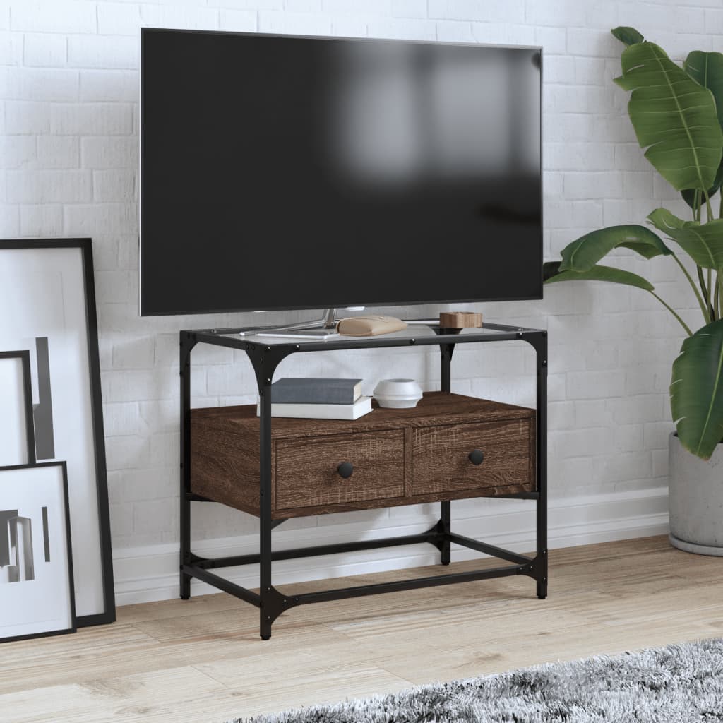 Meuble TV avec dessus en verre chêne marron bois d'ingénierie - XIOS