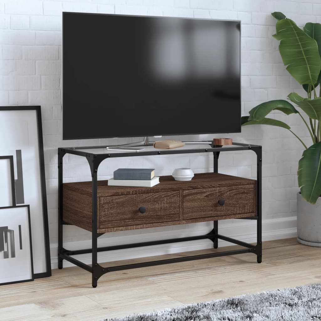 Meuble TV avec dessus en verre chêne marron bois d'ingénierie - XIOS