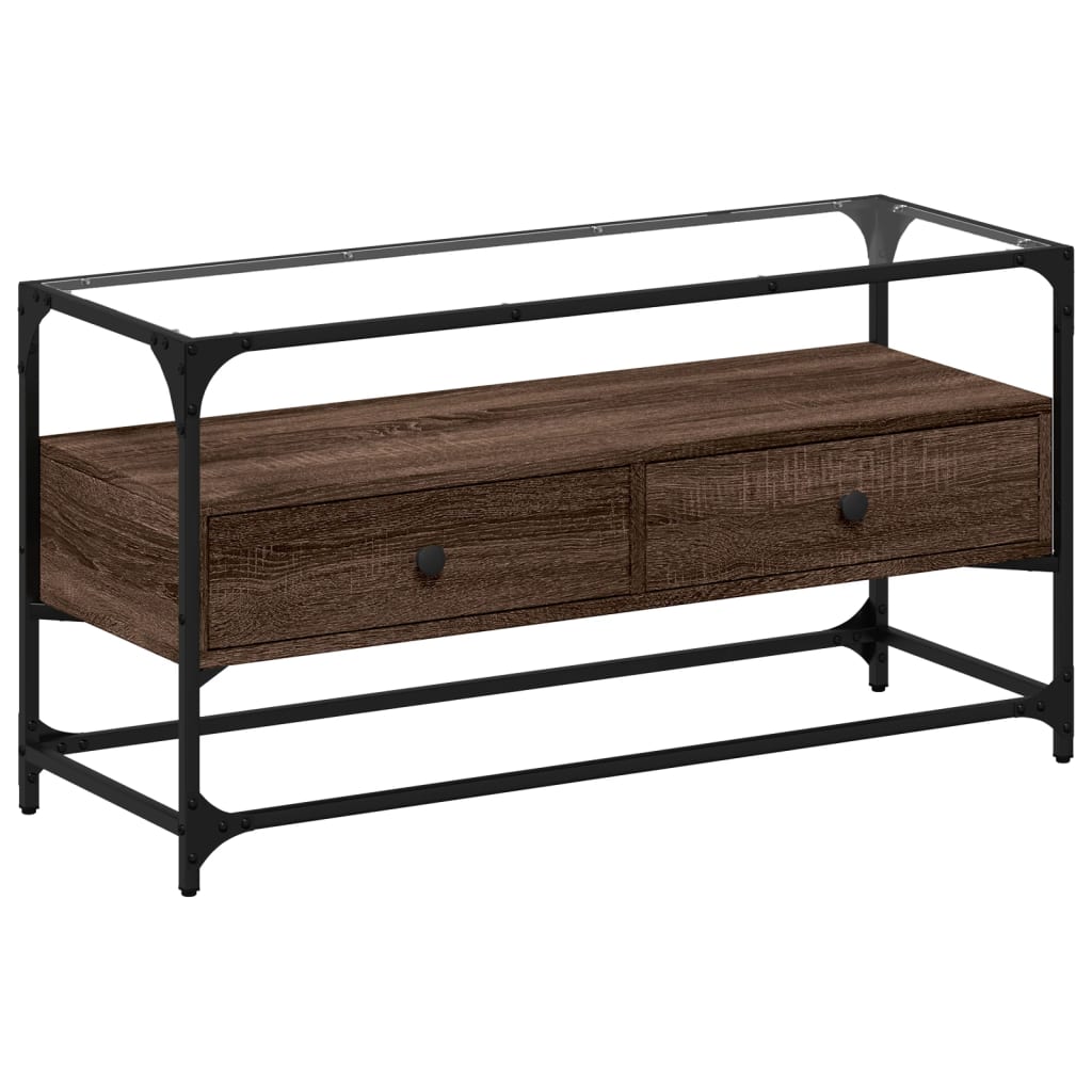 Meuble TV avec dessus en verre chêne marron bois d'ingénierie - XIOS