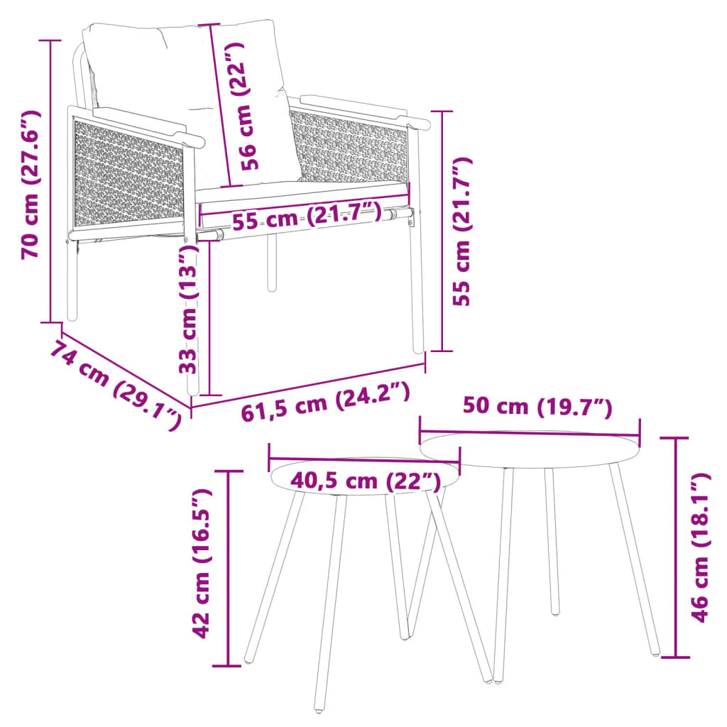 Ensemble de meubles de balcon 4 pcs avec coussins acier noir - XIOS