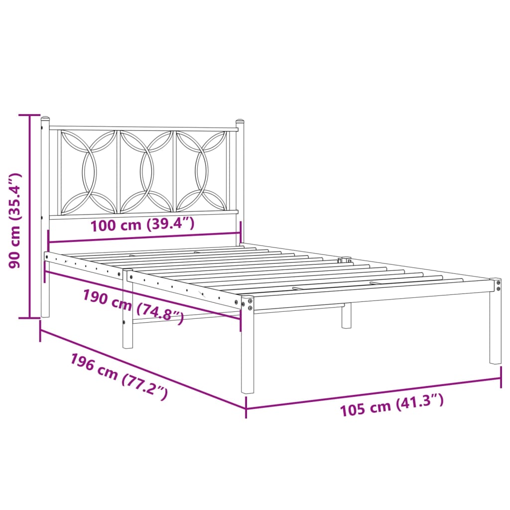 Cadre de lit métal sans matelas avec tête de lit noir 100x190cm - XIOS