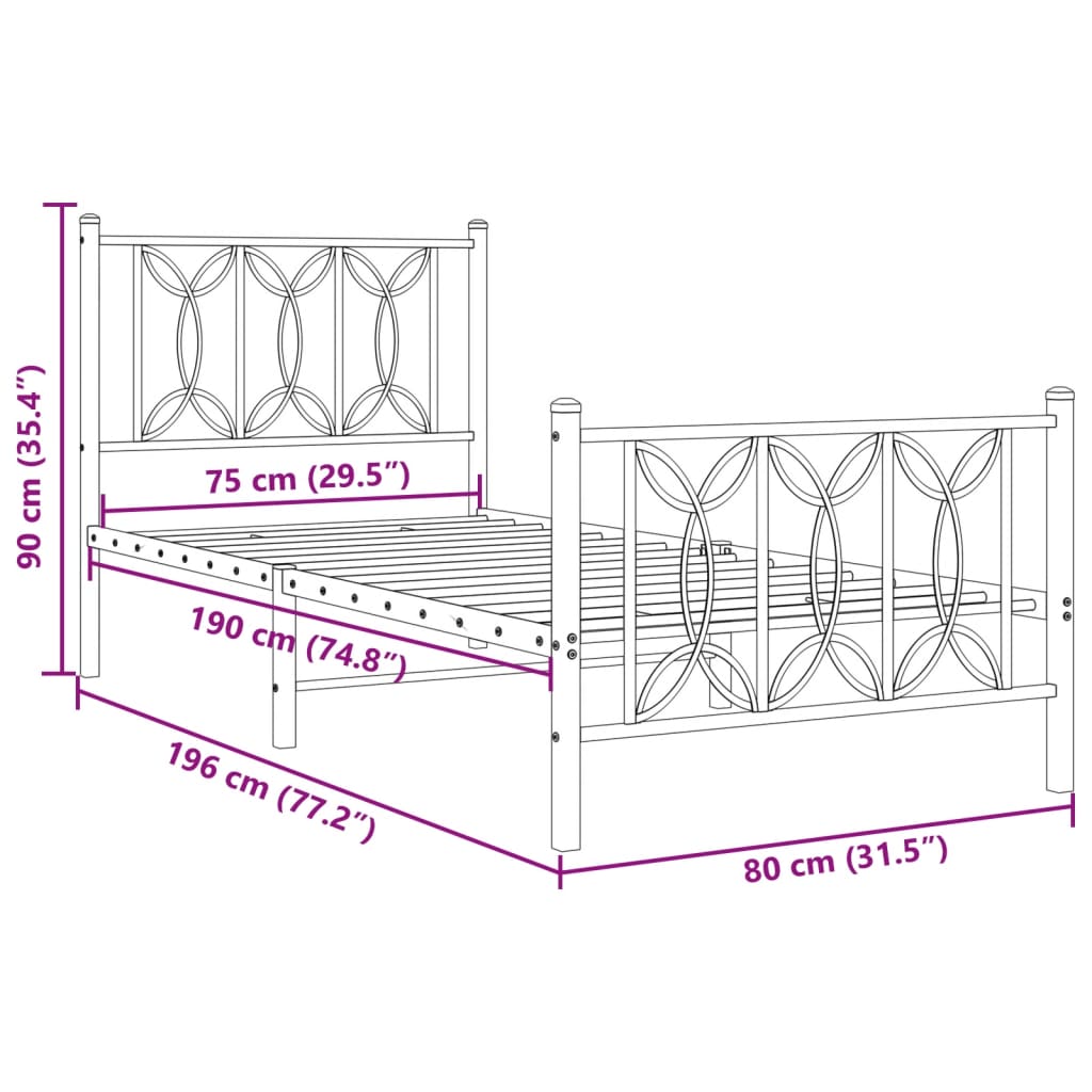 Cadre de lit métal sans matelas avec pied de lit noir 75x190 cm - XIOS