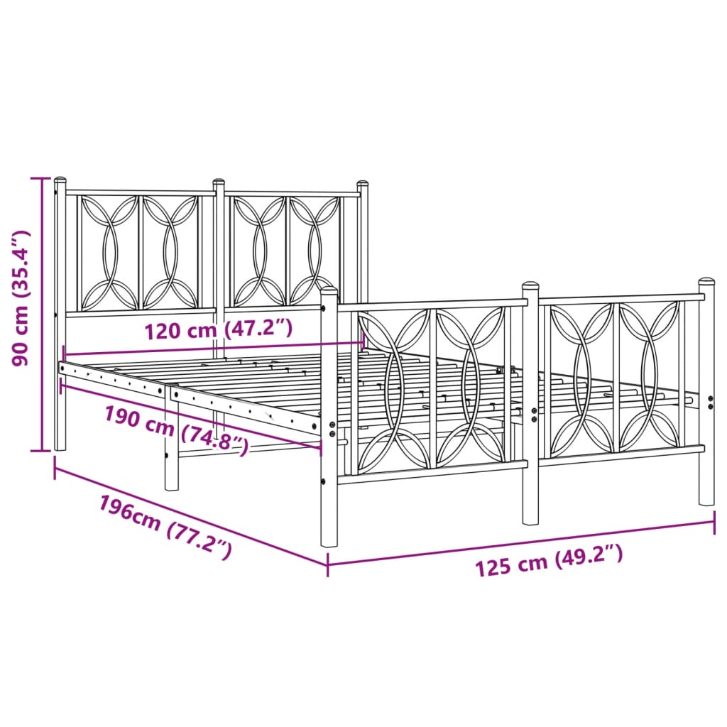 Cadre de lit métal sans matelas avec pied de lit noir 120x190cm - XIOS