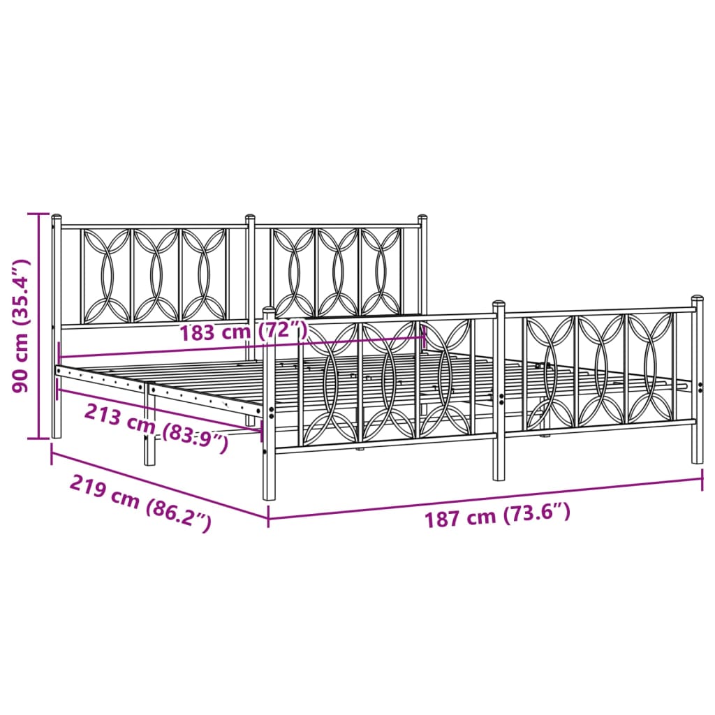 Cadre de lit métal sans matelas avec pied de lit noir 183x213cm - XIOS