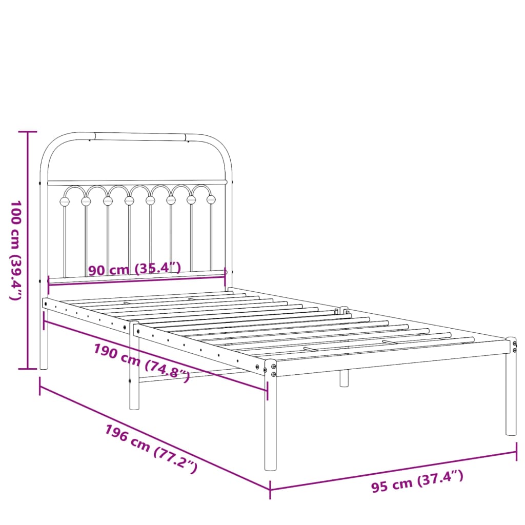 Cadre de lit métal sans matelas avec tête de lit noir 90x190 cm - XIOS