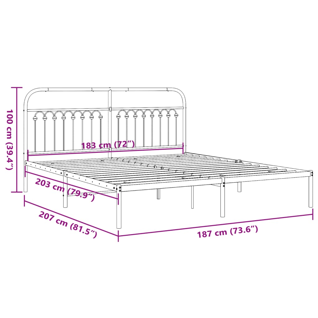 Cadre de lit métal sans matelas avec tête de lit noir 183x203cm - XIOS