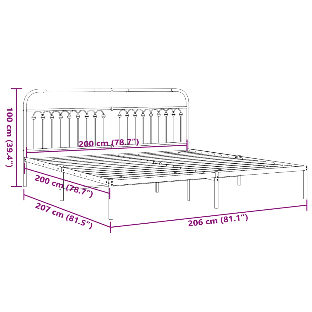 Cadre de lit métal sans matelas avec tête de lit noir 200x200cm - XIOS