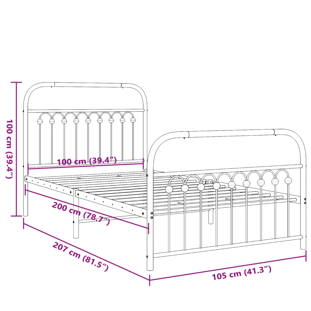 Cadre de lit métal sans matelas et pied de lit noir 100x200 cm - XIOS