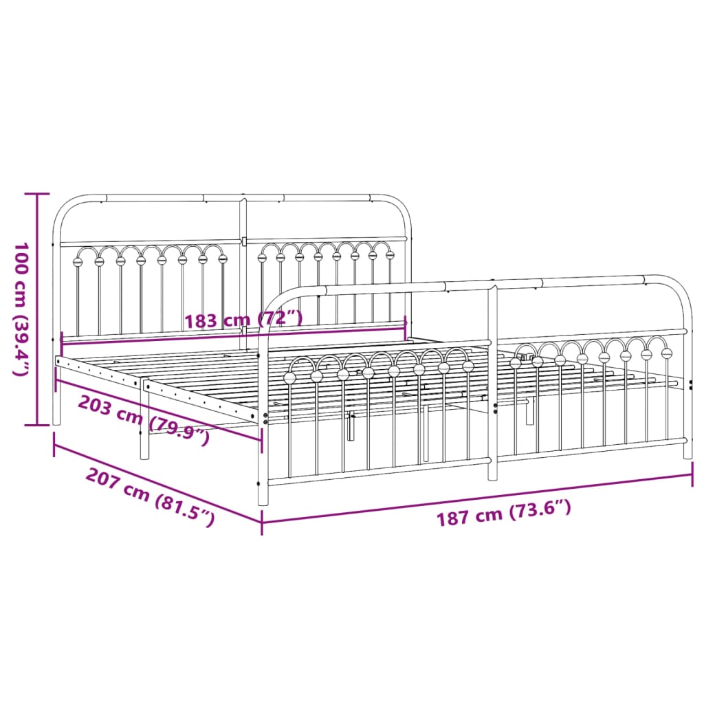 Cadre de lit métal sans matelas avec pied de lit noir 183x203cm - XIOS