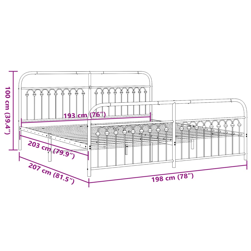 Cadre de lit métal sans matelas avec pied de lit noir 193x203cm - XIOS