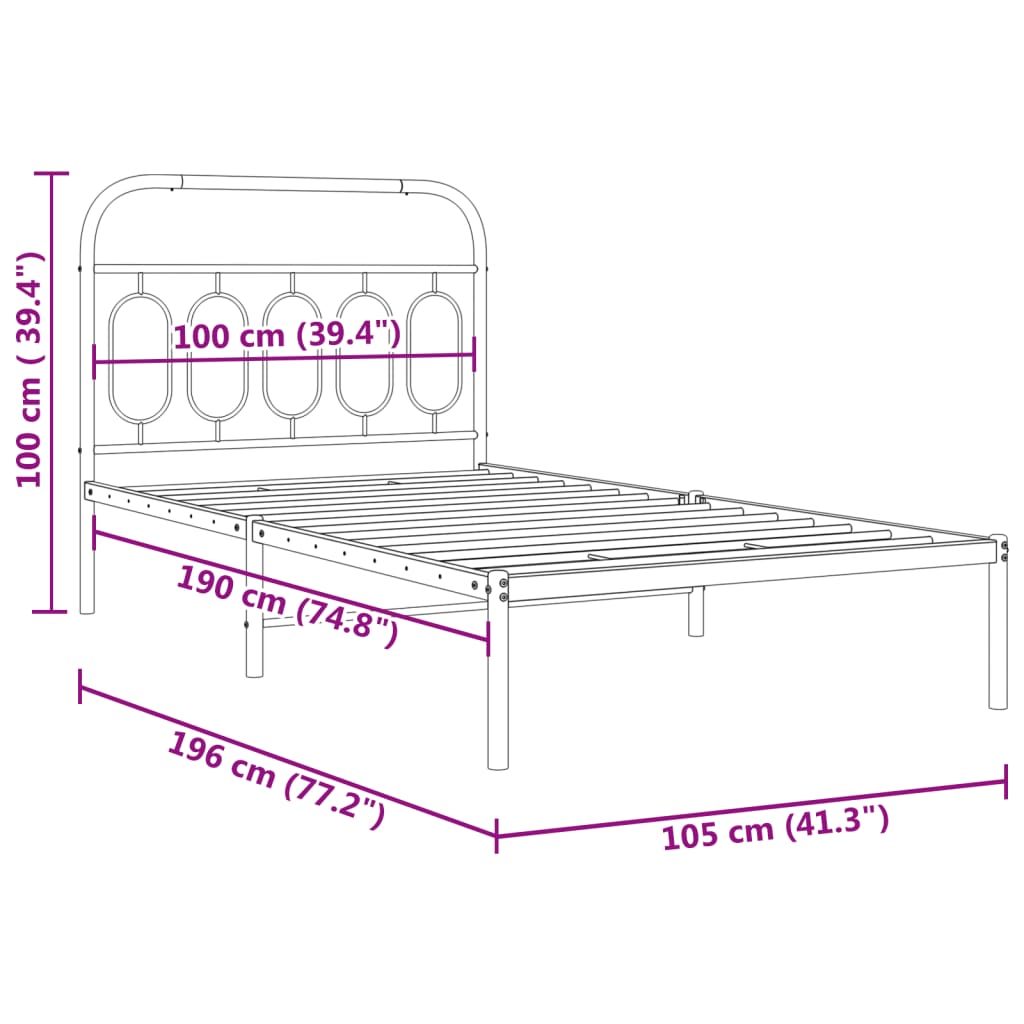 Cadre de lit métal sans matelas avec tête de lit noir 100x190cm - XIOS