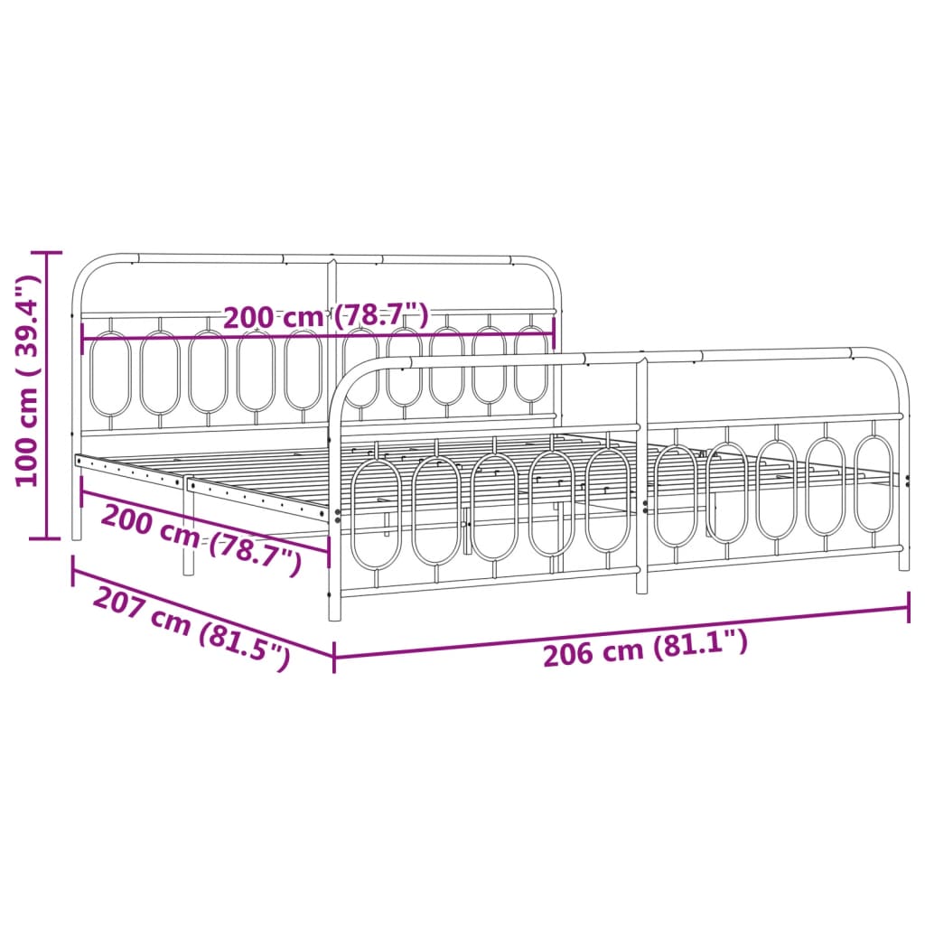 Cadre de lit métal sans matelas avec pied de lit noir 200x200cm - XIOS