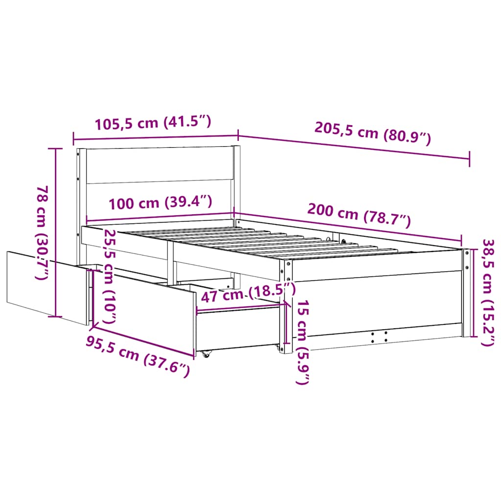 Cadre de lit sans matelas cire marron 100x200cm bois pin massif - XIOS