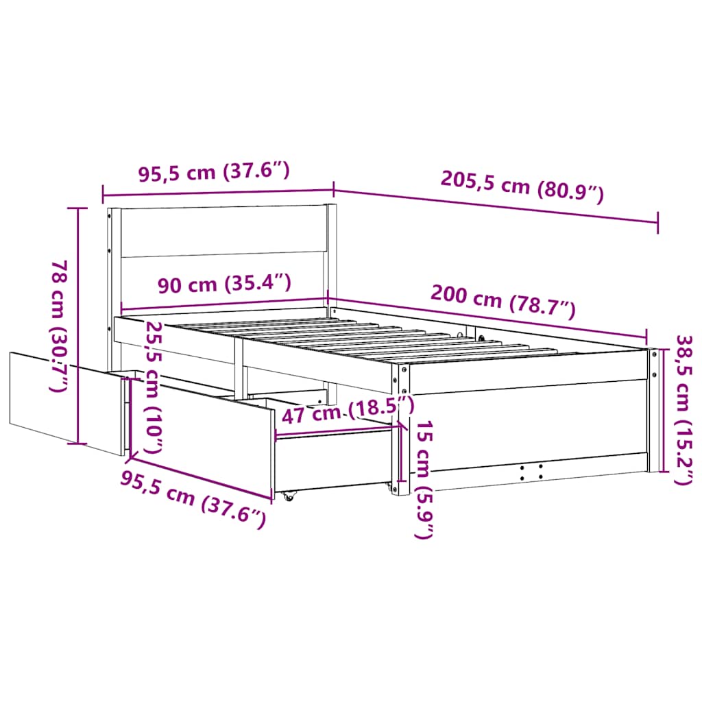 Cadre de lit sans matelas blanc 90x200 cm bois de pin massif - XIOS