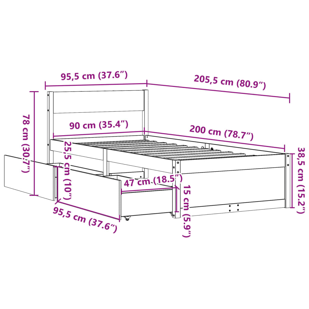 Cadre de lit sans matelas cire marron 90x200 cm bois pin massif - XIOS