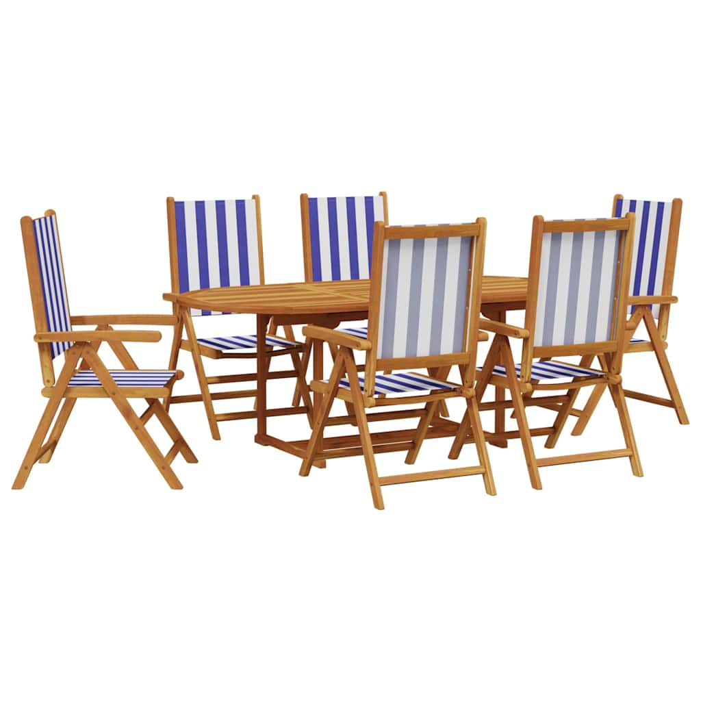 Ensemble à manger de jardin 7 pcs bleu blanc tissu bois massif