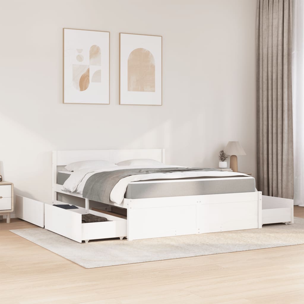 Lit avec tiroirs et matelas blanc 160x200 cm bois massif de pin - XIOS