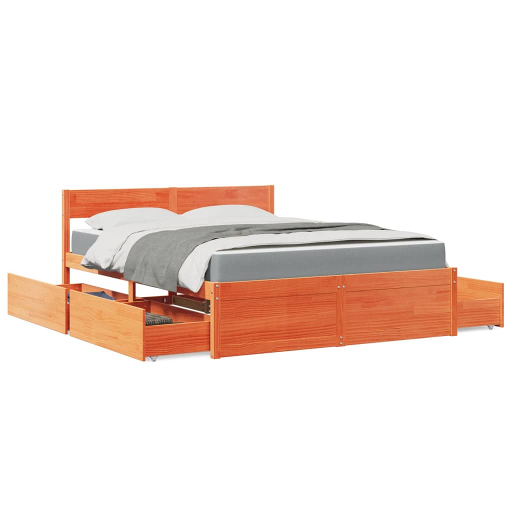 Lit avec tiroirs/matelas cire marron 140x200 cm bois massif pin - XIOS