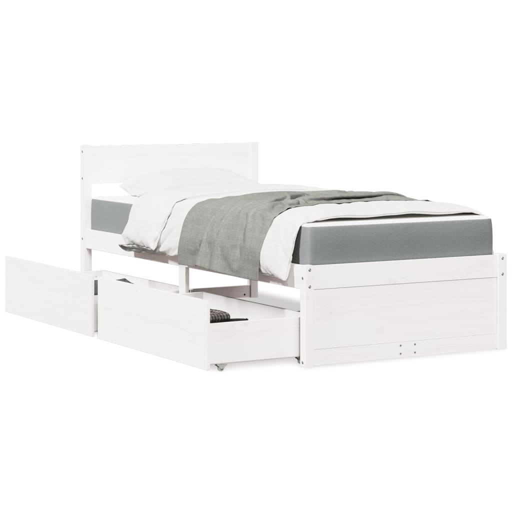 Lit avec tiroirs et matelas blanc 100x200 cm bois massif de pin - XIOS
