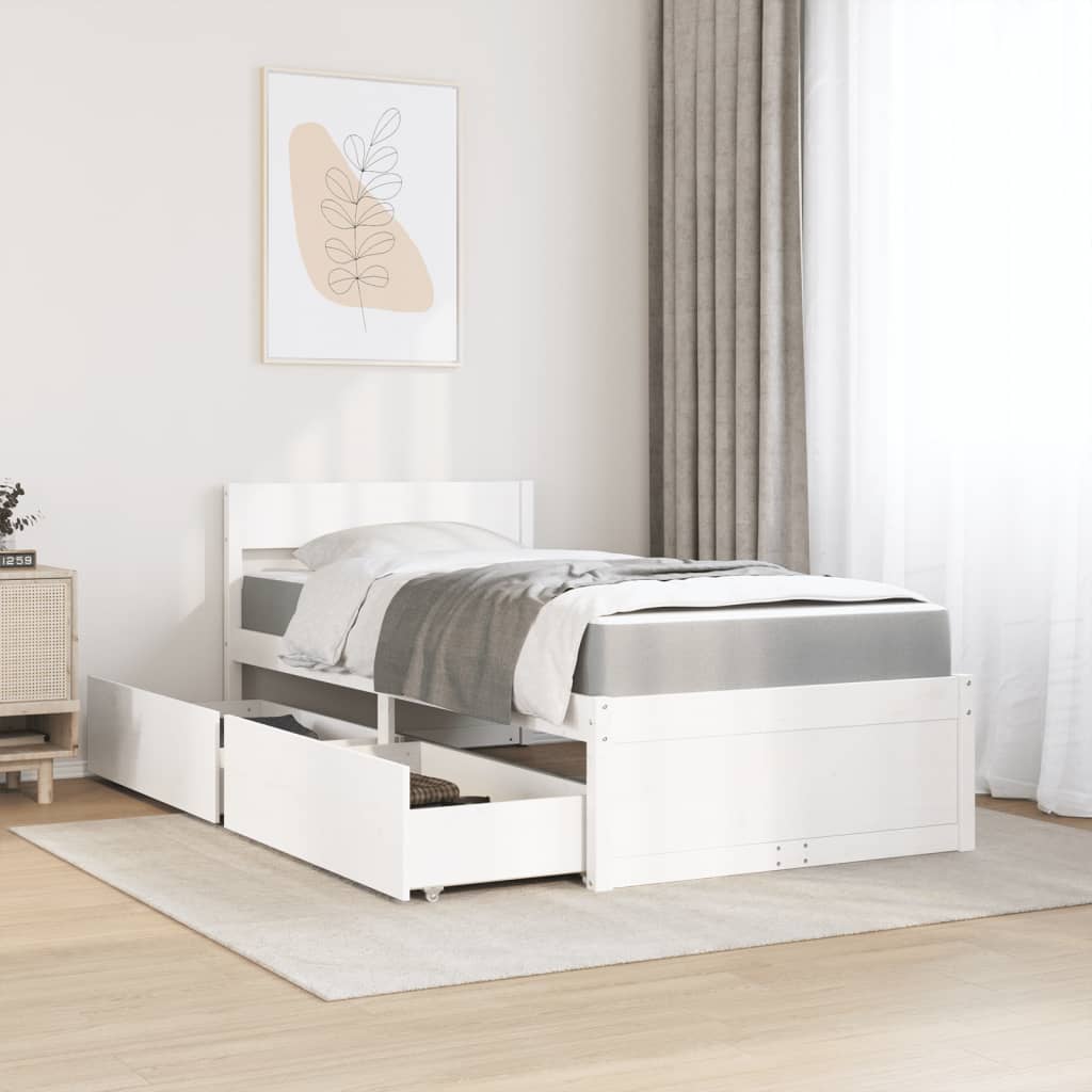 Lit avec tiroirs et matelas blanc 90x200 cm bois massif de pin - XIOS