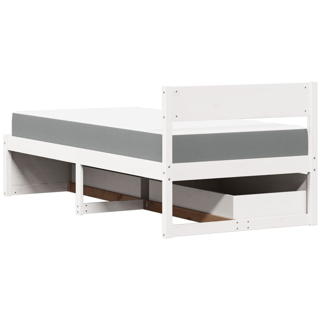 Lit avec tiroirs et matelas blanc 90x200 cm bois massif de pin - XIOS