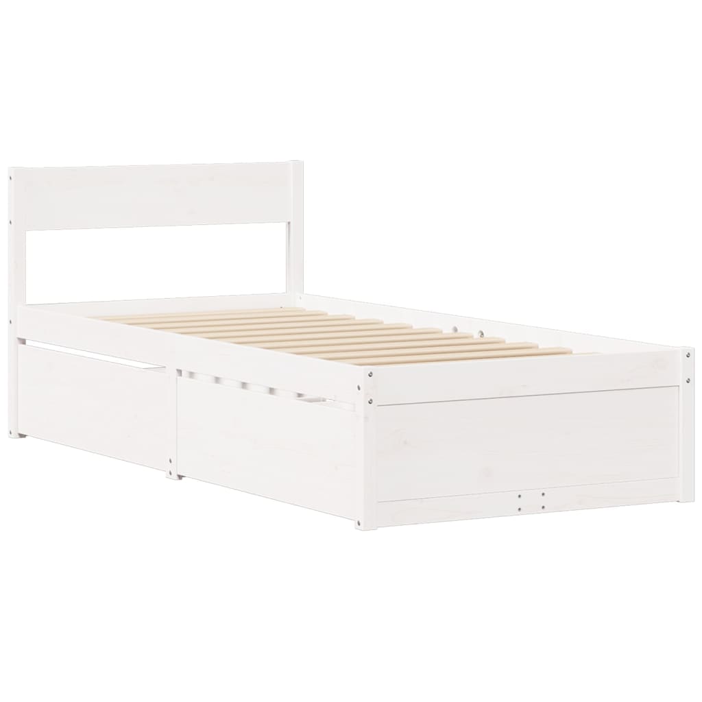 Lit avec tiroirs et matelas blanc 90x200 cm bois massif de pin - XIOS