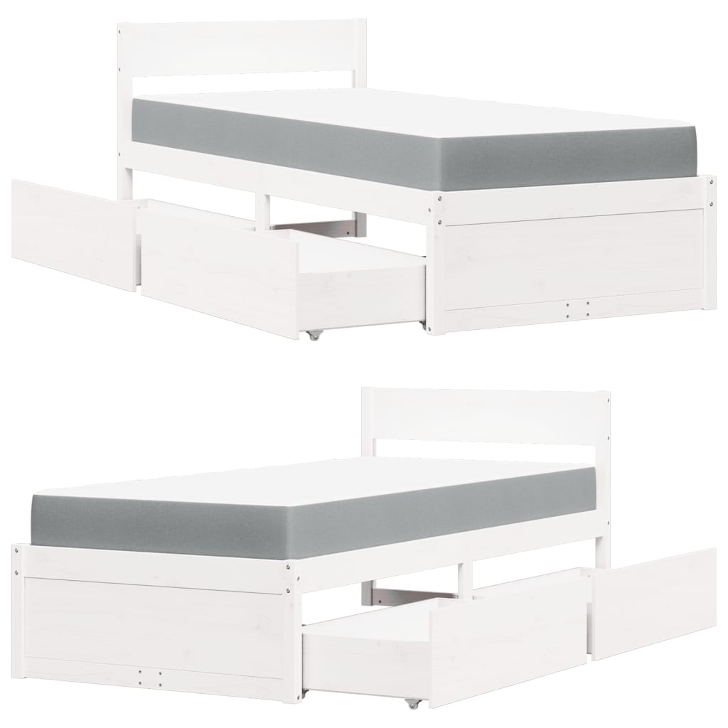 Lit avec tiroirs et matelas blanc 90x200 cm bois massif de pin - XIOS